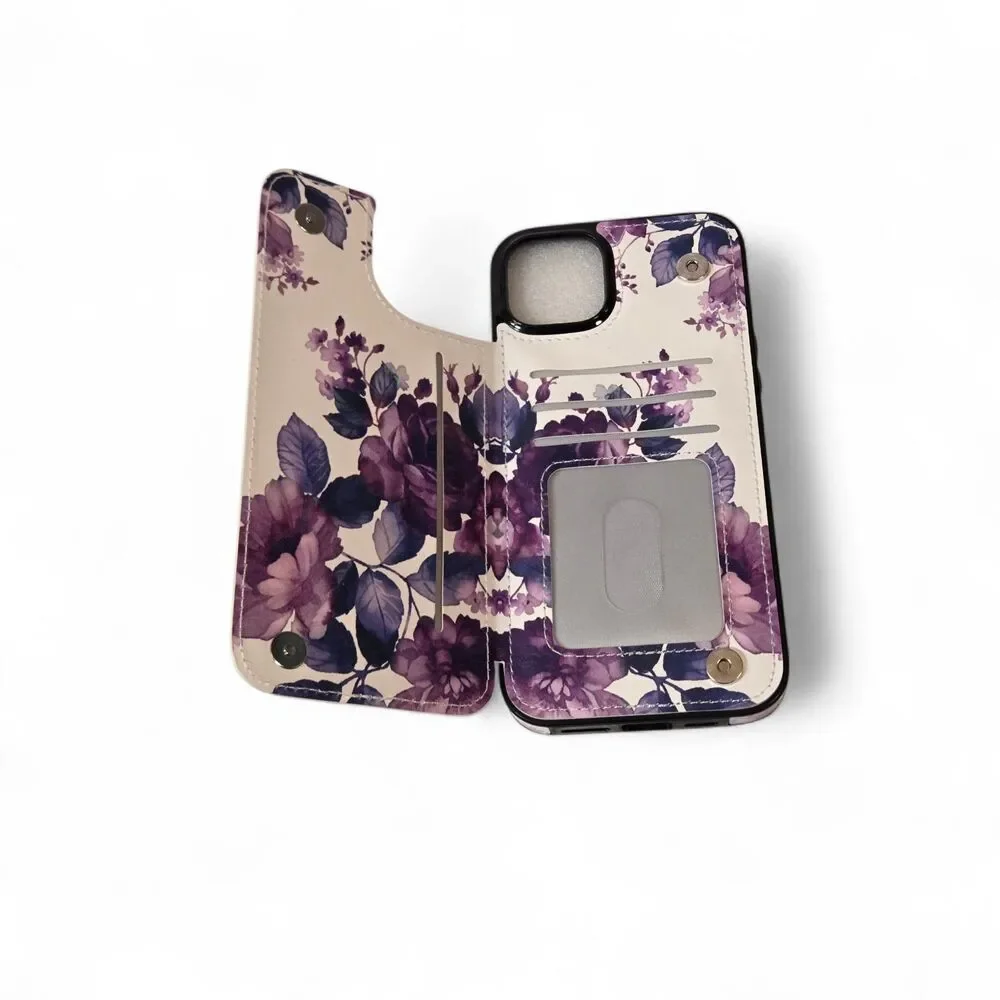 GOODON iPhone 15 Plus Wallet Case‎ Purple Floral Flip Cover Card Holder New